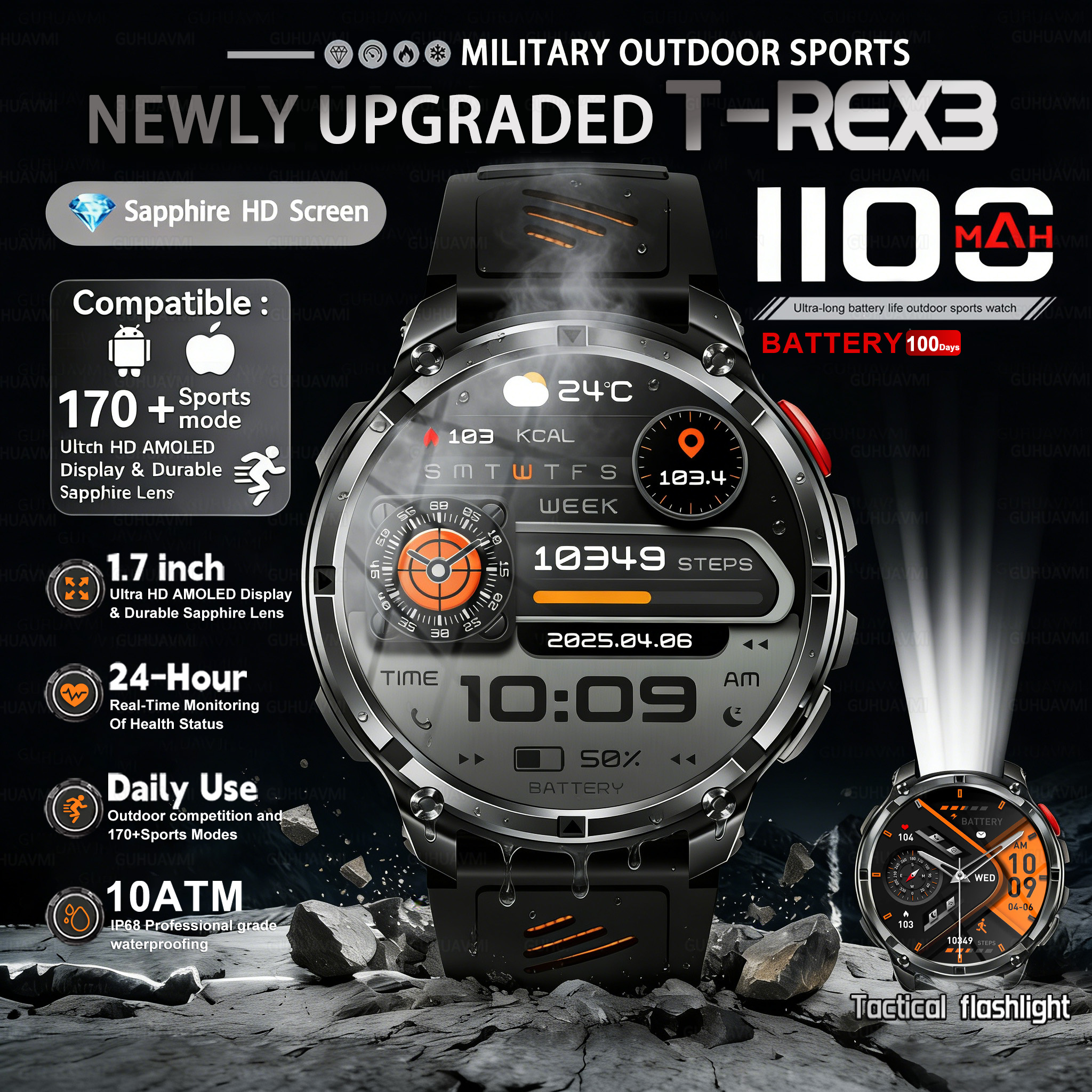 Outdoor Lighting Perspectives - T-REX 3 Military Smartwatch Men 1100mAh
