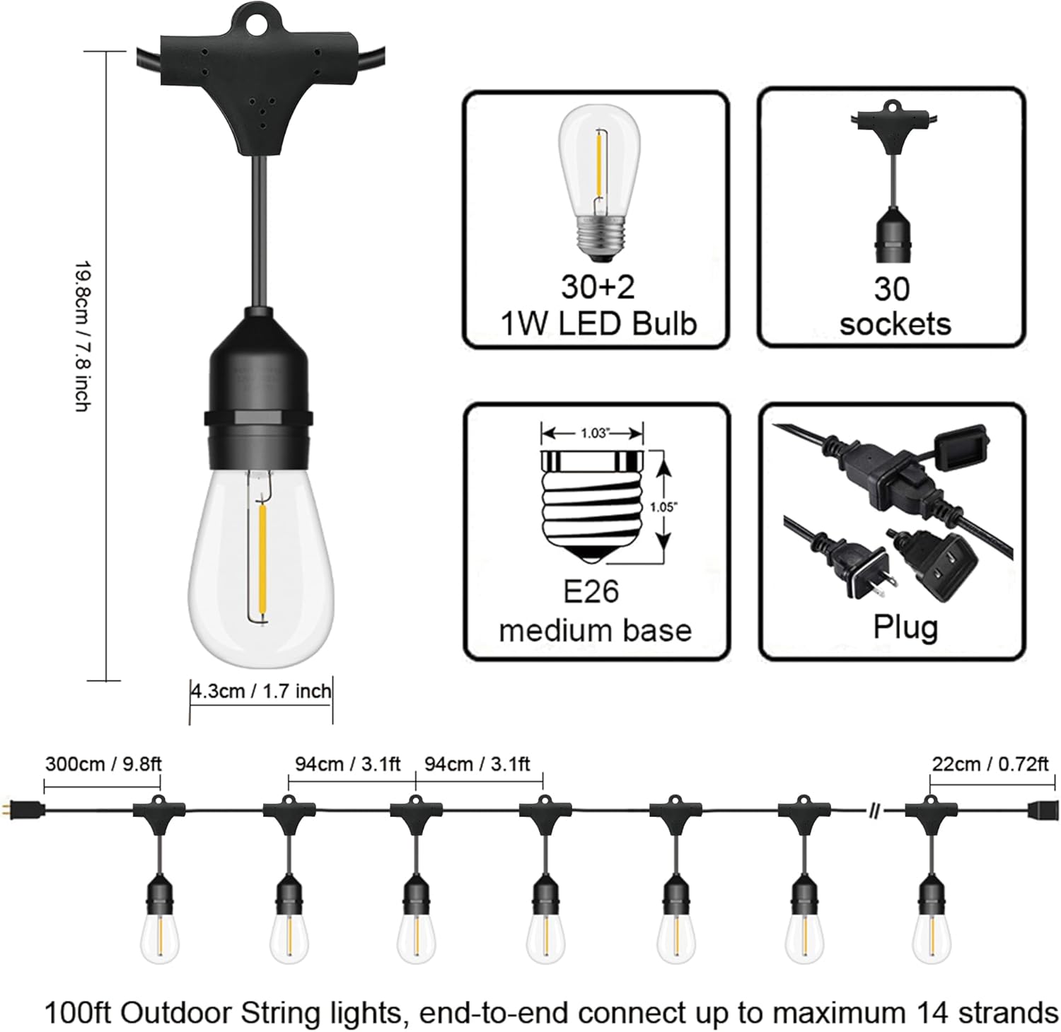 100FT Outdoor String Lights, 3 - Outdoor Lighting Socket recensione e prezzo